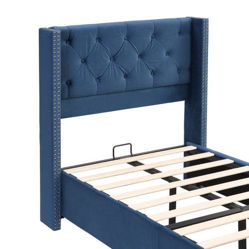 Lit Simple 90x200 Cm - Lit Rembourré Avec Sommier Et Tête De Lit à Boutons - Velours - Bleu