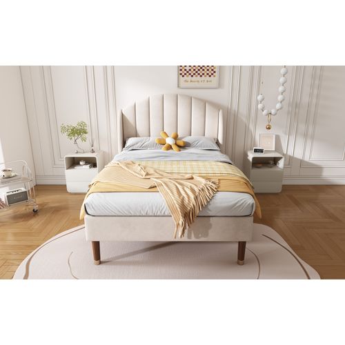 Lit Simple 90x200 Cm - Lit Capitonné Ado - Velours - Beige