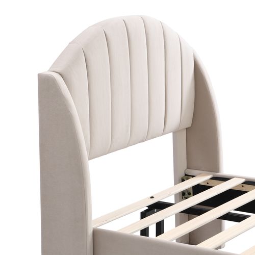 Lit Simple 90x200 Cm - Lit Capitonné Ado - Velours - Beige