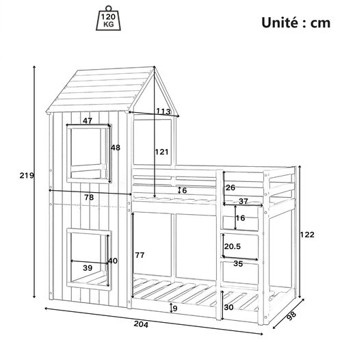 Lit Superposé 90x200 Cm - Lit Enfant Cabane Avec Cadre Stable - Esthétique - Gris