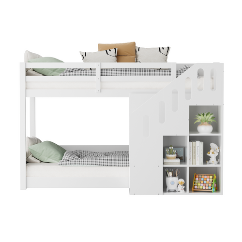Lit Combiné 90x200 Cm - Lit Superposé Enfant Avec Balustrade Et Escaliers - Design - Blanc