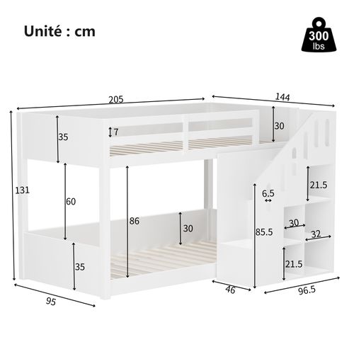 Lit Combiné 90x200 Cm - Lit Superposé Enfant Avec Balustrade Et Escaliers - Design - Blanc