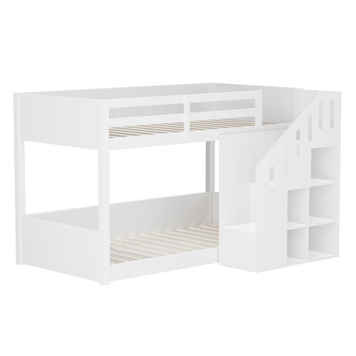Lit Combiné 90x200 Cm - Lit Superposé Enfant Avec Balustrade Et Escaliers - Design - Blanc