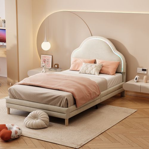 Lit Enfant 90x200 Cm - Lit Avec Tête Nuage Et LED - Velours + Bois + Métal - Beige