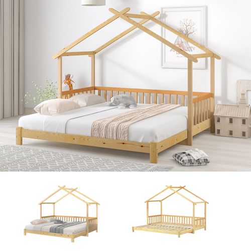 Lit Cabane 90x200 Cm - Lit Extensible En Forme De Maison Avec Grille Et Sommier - Pin - Naturel