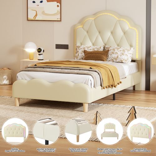 Lit Enfant 90x200 Cm - Lit Décoratif Tête Vague Avec LED - Simili Cuir + Bois + Métal - Blanc