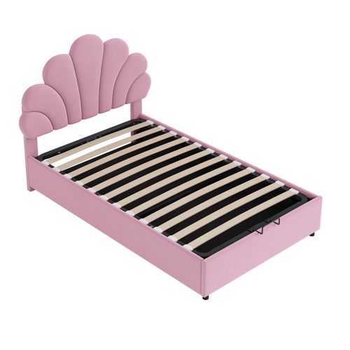Lit Coffre 90x200 Cm - Lit Enfant Tête Réglable Avec Rangement - Velours + Métal + Mdf - Rose
