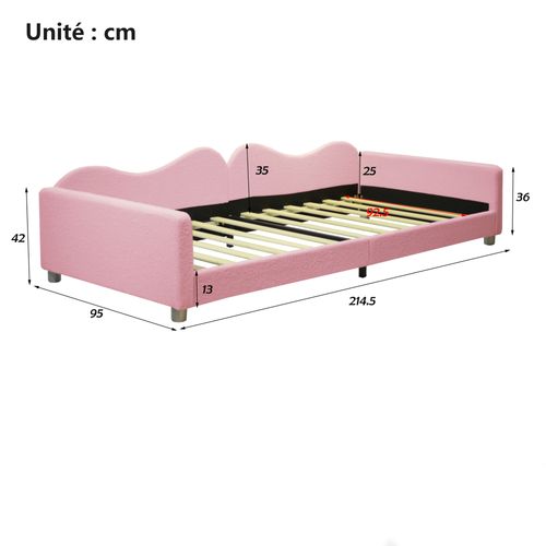 Lit Enfant 90x200 Cm - Lit Simple Rembourré Avec Cadre Peluche Doux - Velours - Stable - Rose