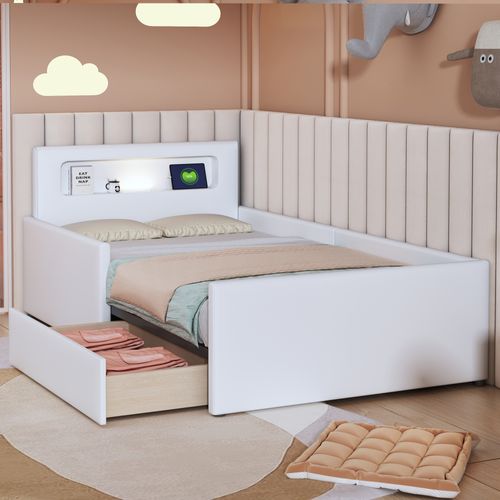 Lit Avec Rangement 90x200 Cm - Lit Enfant Tiroir, Veilleuse Et Port USB - Simili + Mdf - Blanc