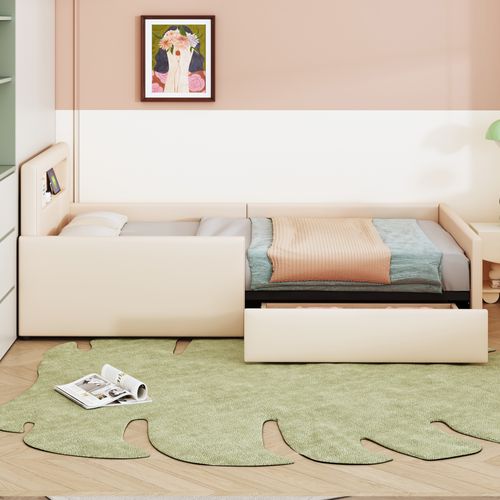 Lit Avec Rangement 90x200 Cm - Lit Enfant Veilleuse, Port USB Et Tiroir - Simili + Mdf - Beige