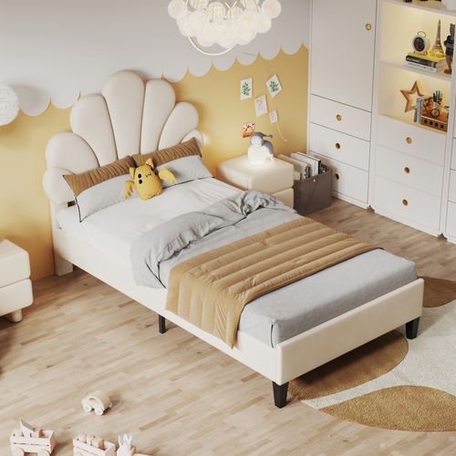Lit Enfant 90x200 Cm - Lit Tête De Lit Fleur Avec Sommier à Lattes - Velours - Beige
