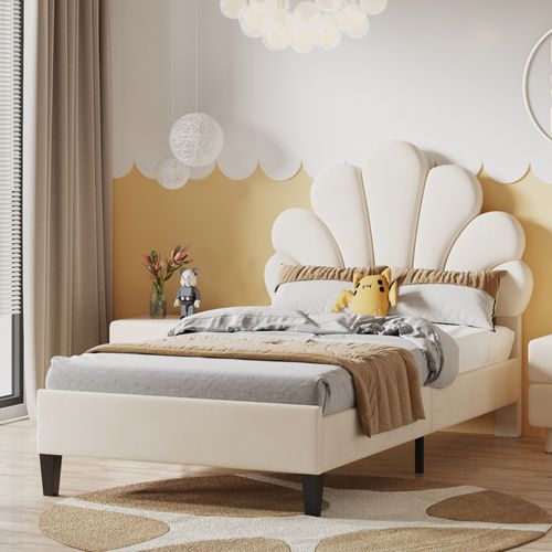 Lit Enfant 90x200 Cm - Lit Tête De Lit Fleur Avec Sommier à Lattes - Velours - Beige