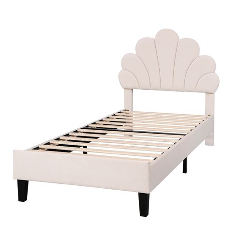 Lit Enfant 90x200 Cm - Lit Tête De Lit Fleur Avec Sommier à Lattes - Velours - Beige