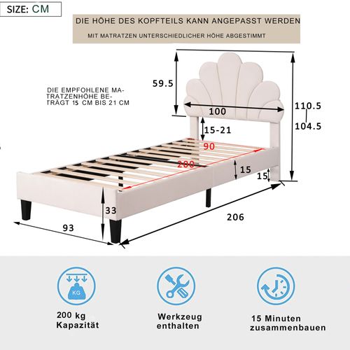 Lit Enfant 90x200 Cm - Lit Tête De Lit Fleur Avec Sommier à Lattes - Velours - Beige