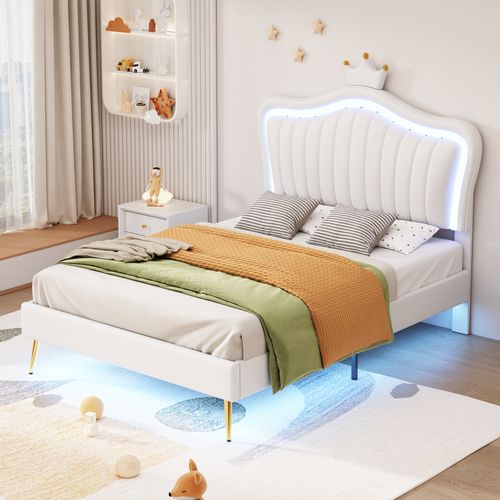 Lit Enfant 90x200 Cm - Lit Cadre Couronne Avec LED - Pu - Blanc