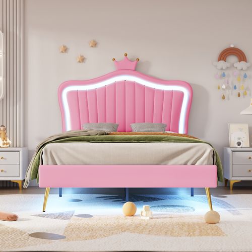 Lit Enfant 90x200 Cm - Lit Décoratif LED Forme De Couronne - Pu - Rose