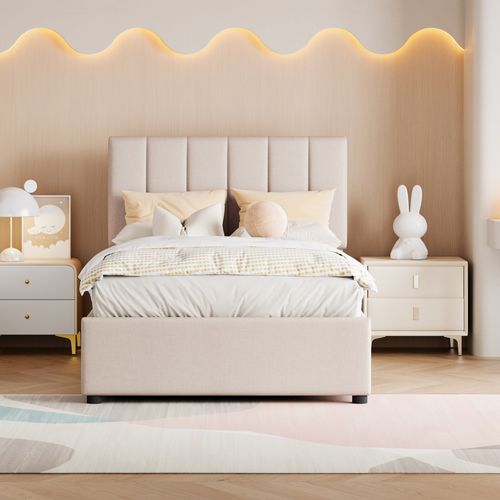 Lit Coffre 90x200 Cm - Lit Simple Avec Coffre Intégré - Lin - Beige