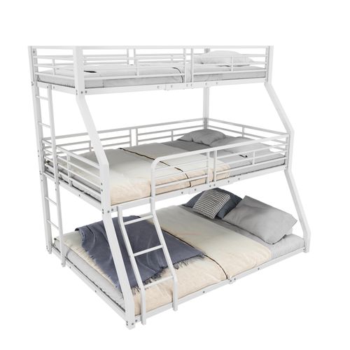 Lit Superposé 90x200 Cm - Lit Enfant Triple Sécurisé - Métal - Blanc