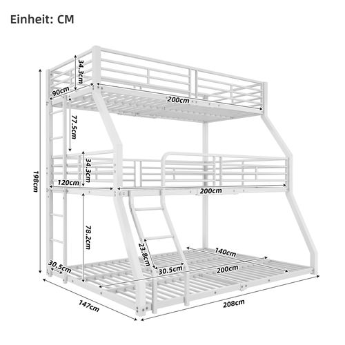 Lit Superposé 90x200 Cm - Lit Enfant Triple Sécurisé - Métal - Blanc