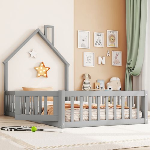 Lit Cabane 90 X 200 Cm - Lit Simple Avec Sommier à Lattes - Pin + Mdf - Gris