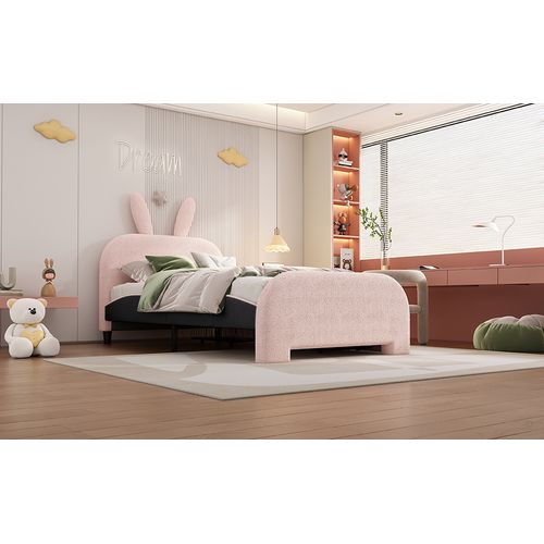 Lit Avec Rangement 90 X 200 Cm - Lit Simple Forme Lapin Avec Tiroirs - Peluche + Mdf - Rose