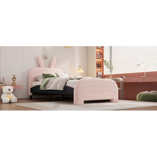 Lit Avec Rangement 90 X 200 Cm - Lit Simple Forme Lapin Avec Tiroirs - Peluche + Mdf - Rose