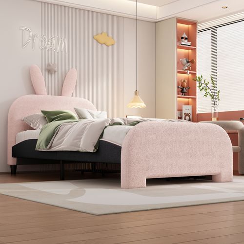 Lit Avec Rangement 90 X 200 Cm - Lit Simple Forme Lapin Avec Tiroirs - Peluche + Mdf - Rose