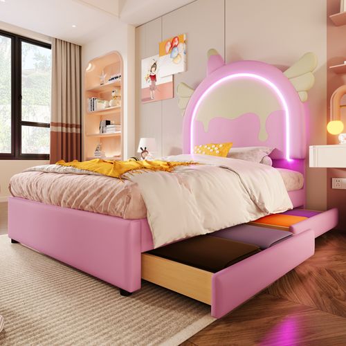 Lit Simple Pour Enfant 90x200 Cm - Lit Décoratif Licorne Avec 2 Tiroirs Et LED - Pu + Mdf - Rose