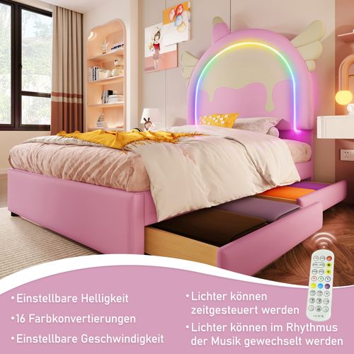 Lit Simple Pour Enfant 90x200 Cm - Lit Décoratif Licorne Avec 2 Tiroirs Et LED - Pu + Mdf - Rose