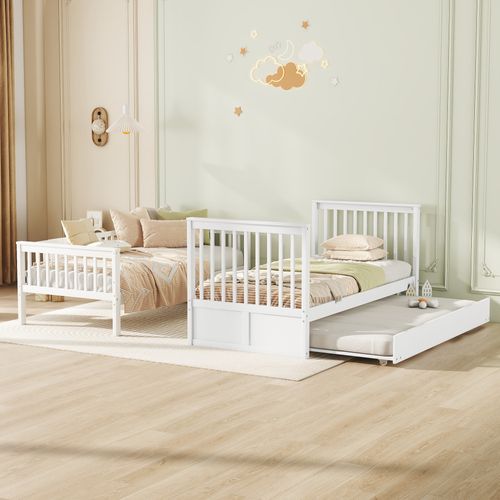 Lit Superposé 90 X 200 Cm - Lit Gigogne Avec Escalier De Rangement - Pin + Mdf - Blanc