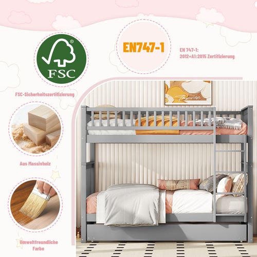 Lit Superposé 90 X 200 Cm - Lit Gigogne Avec Escalier De Rangement - Pin + Mdf - Gris