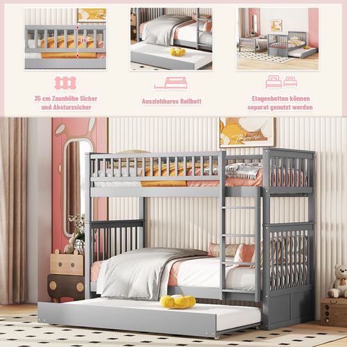 Lit Superposé 90 X 200 Cm - Lit Gigogne Avec Escalier De Rangement - Pin + Mdf - Gris