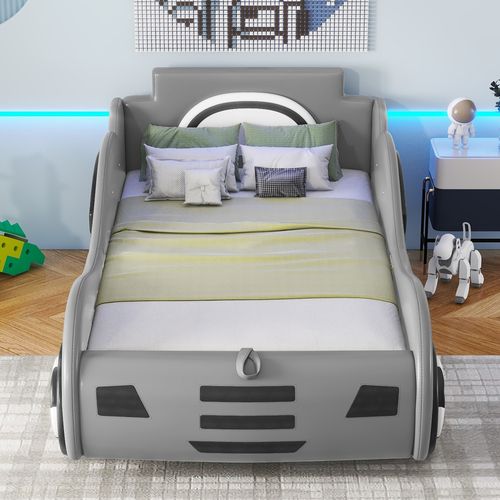 Lit Coffre 90x200 Cm - Lit Simple Avec Rangement Sous Le Lit - Pu + Mdf - Gris