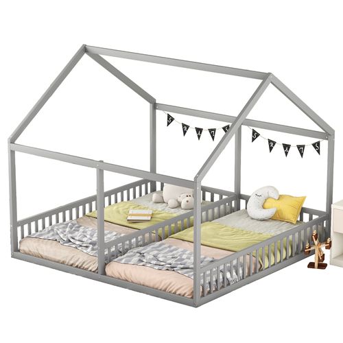 Lit Cabane 90 X 200 Cm - Lit Enfant Avec Cadre En Pin - Gris