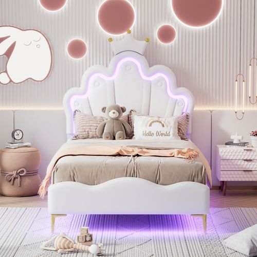 Lit Simple Pour Enfant 90x200 Cm - Lit Avec Bande LED Et Cuir Pu - Mdf + Métal - Blanc