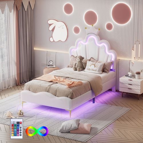 Lit Simple Pour Enfant 90x200 Cm - Lit Avec Bande LED Et Cuir Pu - Mdf + Métal - Blanc
