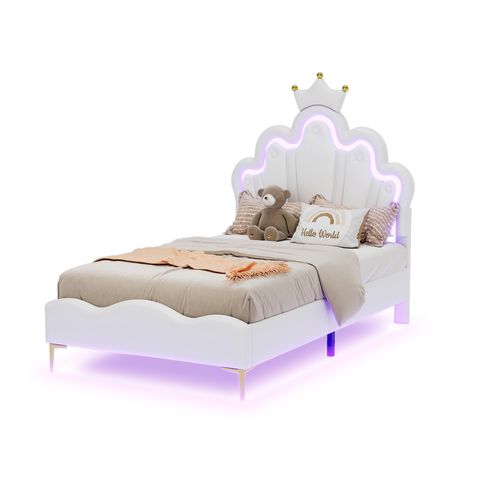 Lit Simple Pour Enfant 90x200 Cm - Lit Avec Bande LED Et Cuir Pu - Mdf + Métal - Blanc