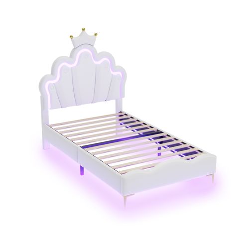 Lit Simple Pour Enfant 90x200 Cm - Lit Avec Bande LED Et Cuir Pu - Mdf + Métal - Blanc