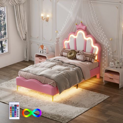 Lit Simple Pour Enfant 90x200 Cm - Lit Avec Bande LED Et Cuir Pu - Mdf + Métal - Rose