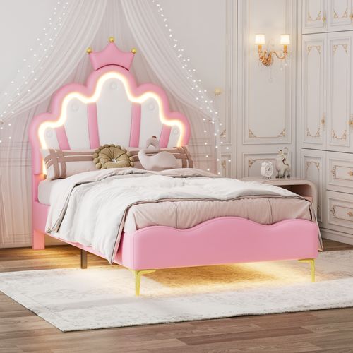 Lit Simple Pour Enfant 90x200 Cm - Lit Avec Bande LED Et Cuir Pu - Mdf + Métal - Rose