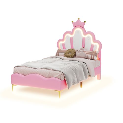 Lit Simple Pour Enfant 90x200 Cm - Lit Avec Bande LED Et Cuir Pu - Mdf + Métal - Rose