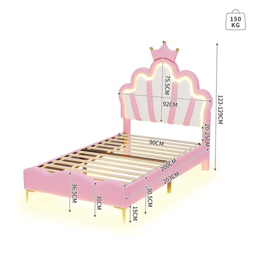 Lit Simple Pour Enfant 90x200 Cm - Lit Avec Bande LED Et Cuir Pu - Mdf + Métal - Rose