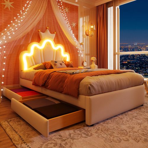 Lit Simple Pour Enfant 90 X 200 Cm - Lit Enfant Avec Rembourrage Et 2 Rangements - Pu + Mdf - Blanc