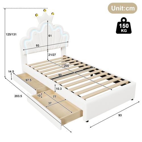 Lit Simple Pour Enfant 90 X 200 Cm - Lit Enfant Avec Rembourrage Et 2 Rangements - Pu + Mdf - Blanc