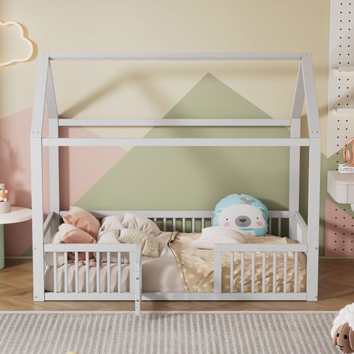 Lit Cabane 90 X 200 Cm - Lit Enfant Avec Porte Et Sommier à Lattes - Structure Stable - Blanc