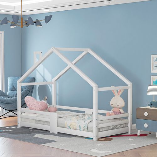Lit Enfant 90 X 200 Cm - Lit Simple Style Cabane Avec Barrières - Bois De Pin - Blanc