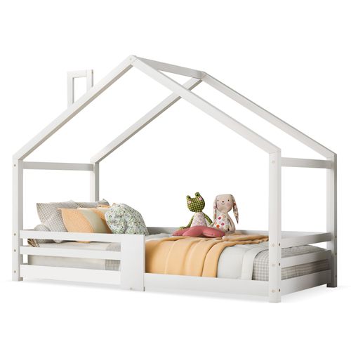 Lit Enfant 90 X 200 Cm - Lit Simple Style Cabane Avec Barrières - Bois De Pin - Blanc