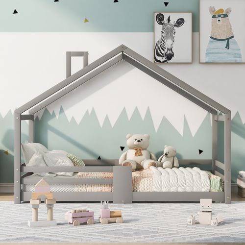 Lit Enfant 90 X 200 Cm - Lit Cabane Sécurisé Avec Sommier à Lattes - Structure Stable- Gris