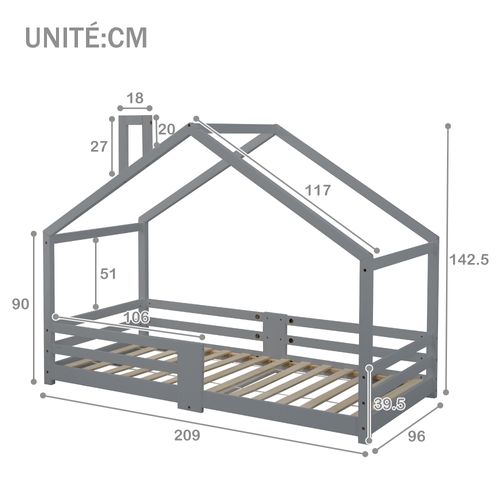 Lit Enfant 90 X 200 Cm - Lit Cabane Sécurisé Avec Sommier à Lattes - Structure Stable- Gris