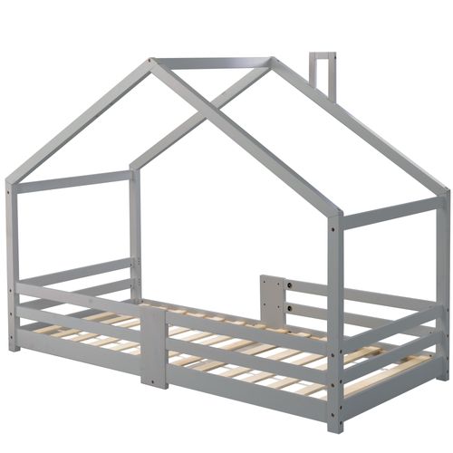Lit Enfant 90 X 200 Cm - Lit Cabane Sécurisé Avec Sommier à Lattes - Structure Stable- Gris